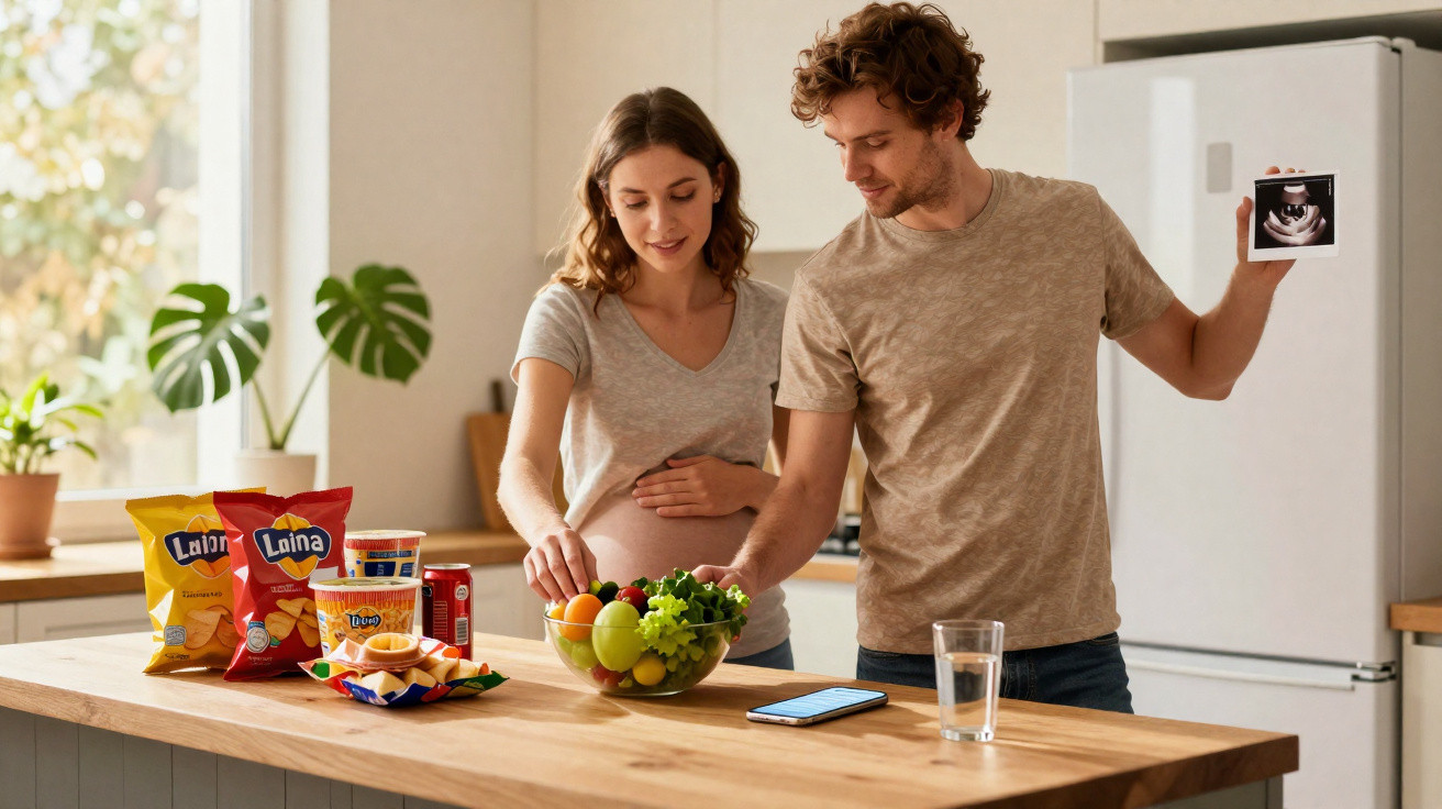 Casal prepara uma salada na cozinha; homem mostra ultrassom e mulher toca a barriga de grávida.