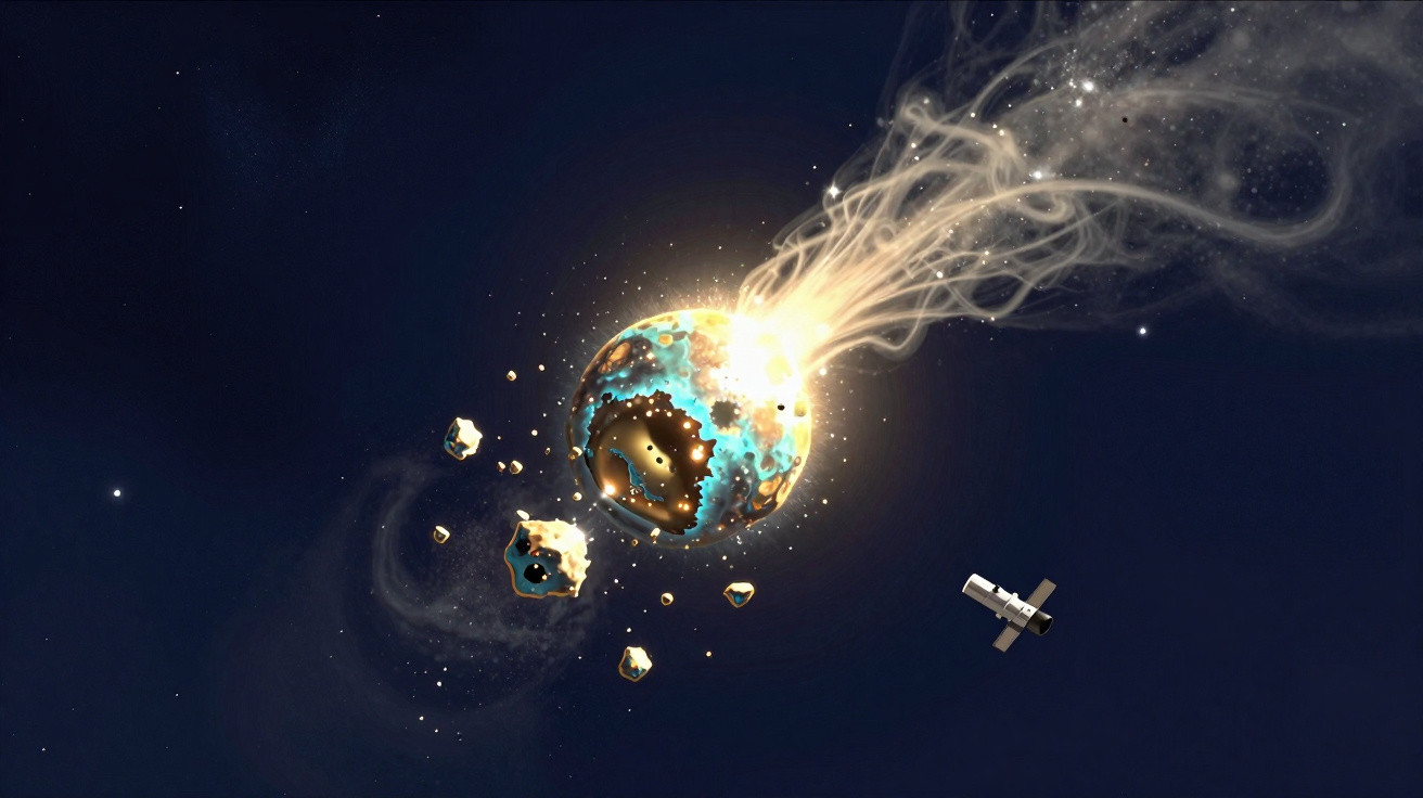 Planeta em colapso com fragmentos voando no espaço próximo a um satélite.
