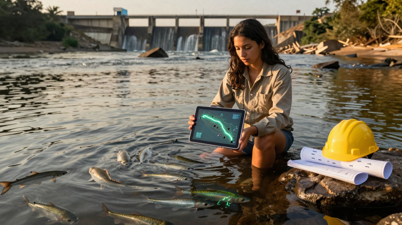Mulher com tablet mostrando mapa de rio sentada na água perto de peixes e uma barragem ao fundo.