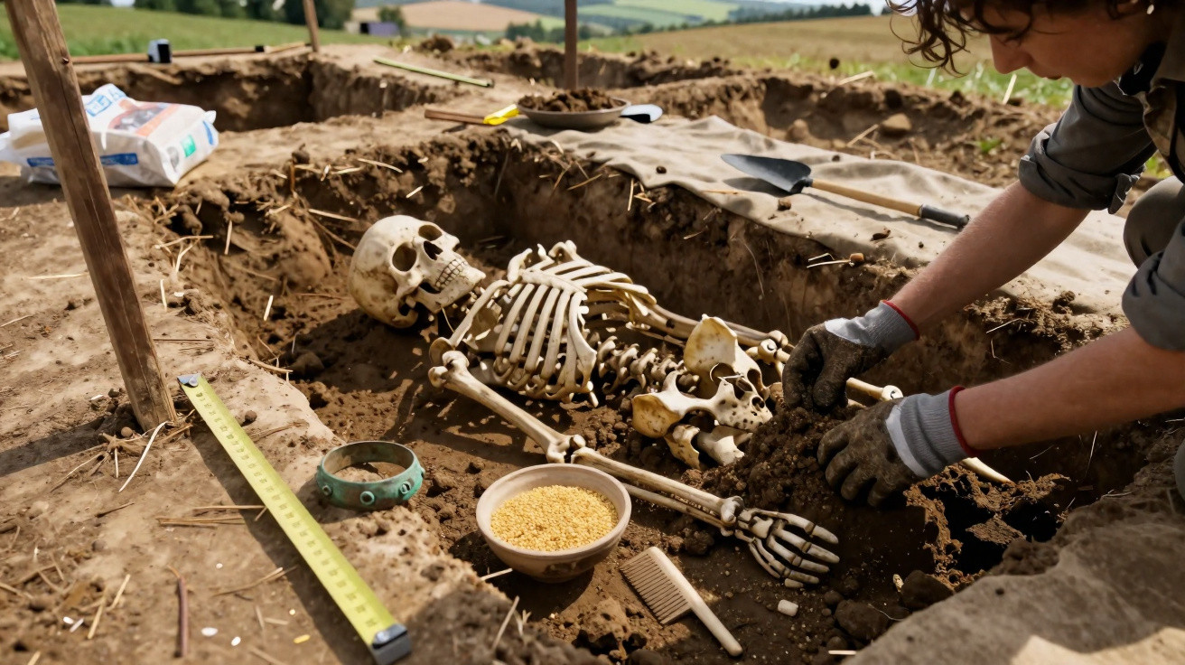 Escavação arqueológica com esqueleto humano enterrado e pesquisador removendo terra cuidadosamente.