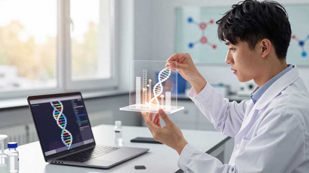 Cientista em laboratório segurando modelo holográfico de DNA, com imagem de DNA na tela do laptop.