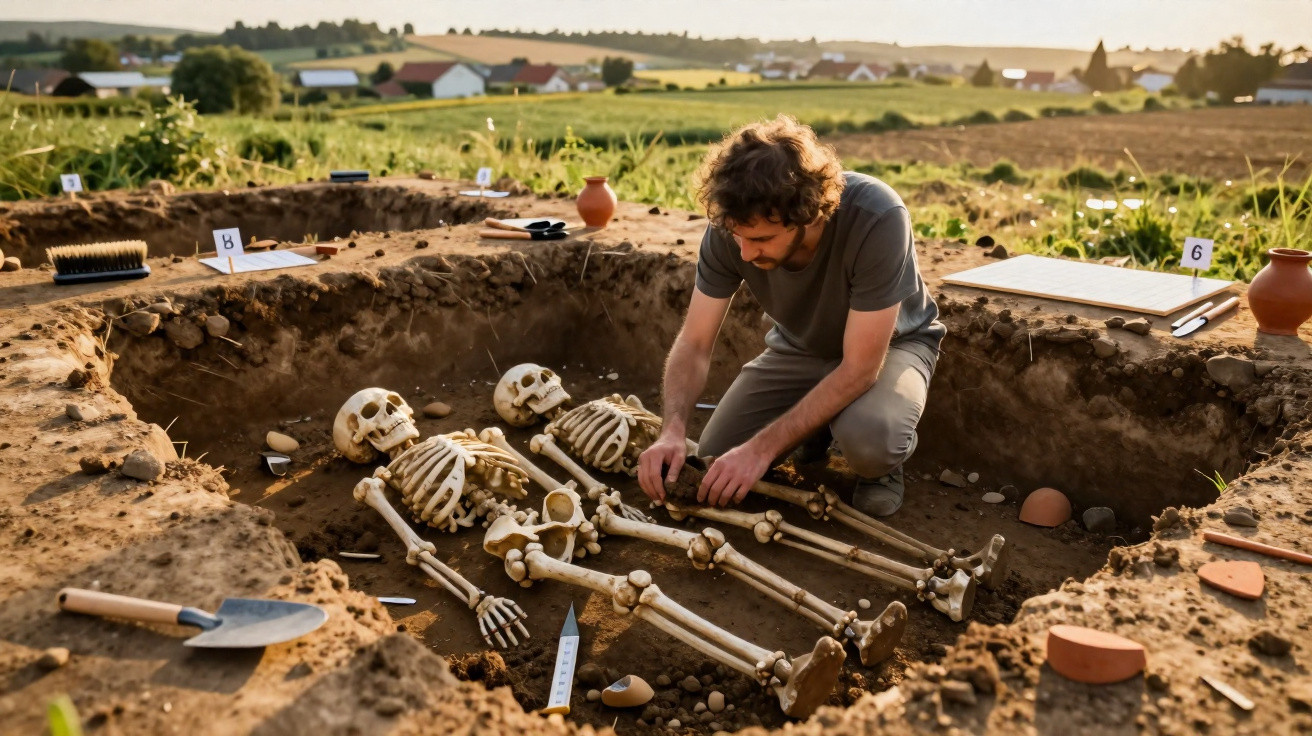 Arqueólogo escavando e estudando dois esqueletos humanos em cova arqueológica ao ar livre ao entardecer.