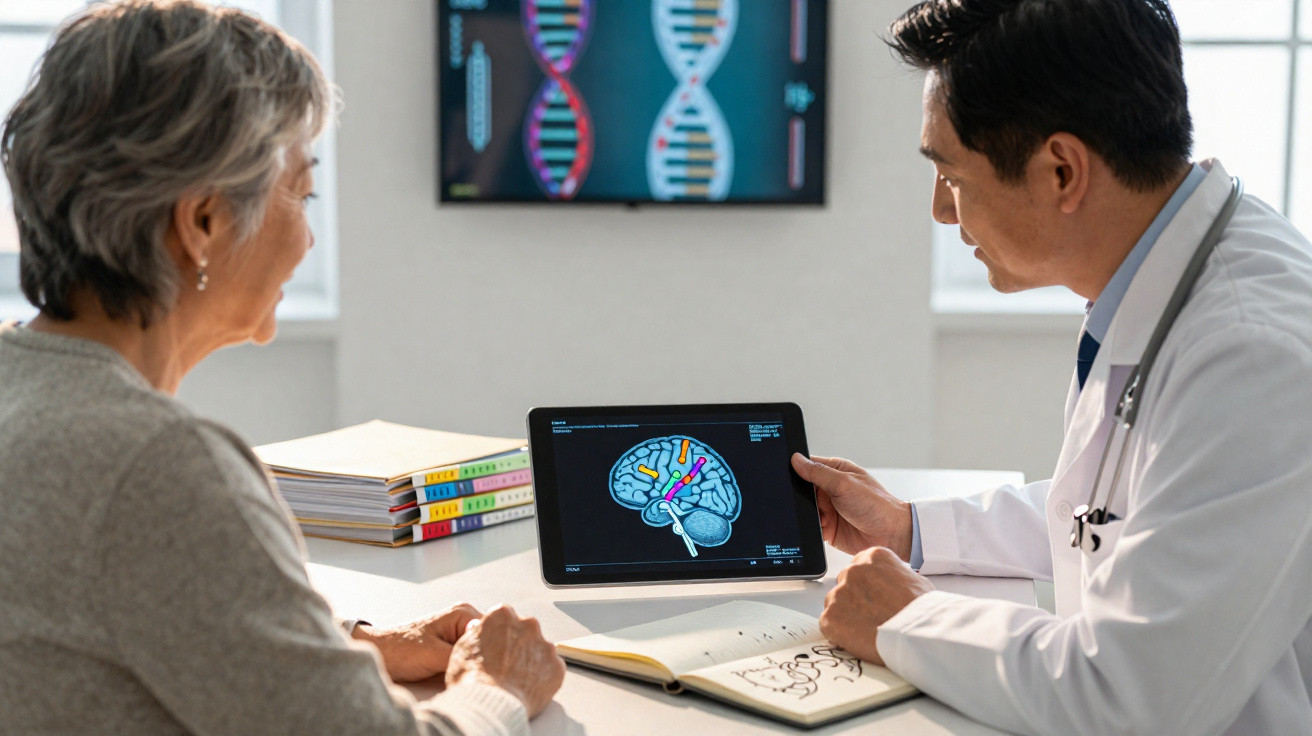 Médico mostra exame cerebral em tablet para paciente idosa durante consulta em clínica.