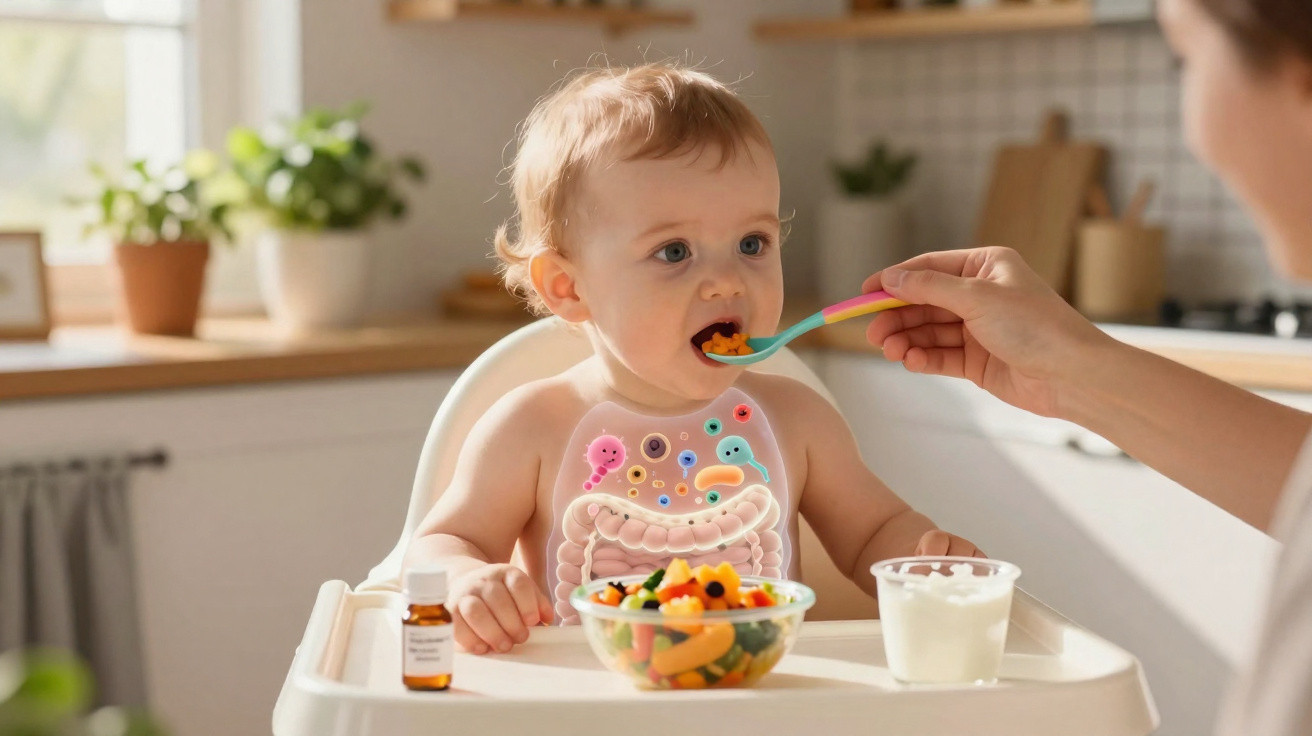 Bebê sendo alimentado com colher colorida, com ilustração do sistema digestivo na barriga.