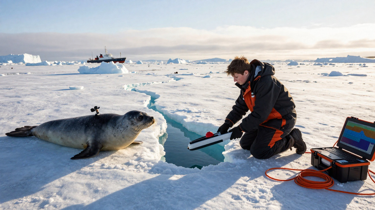 Pesquisador com equipamento eletrônico próximo a foca no gelo polar com navio ao fundo.