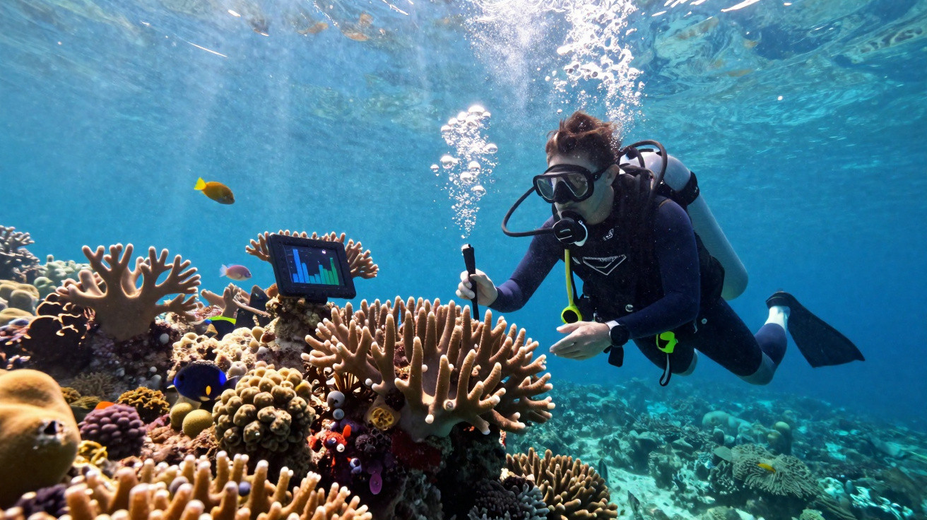 Mergulhador com equipamento explorando recife de corais vibrantes e peixes tropicais coloridos.