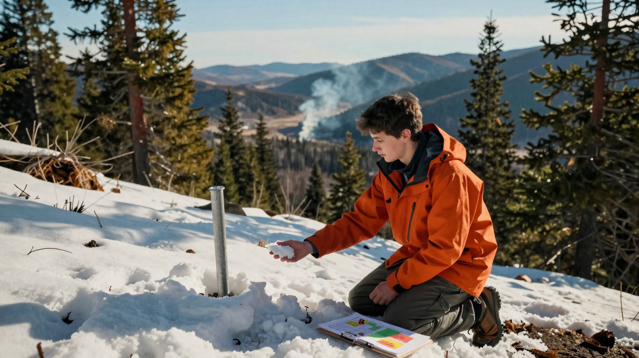 Jovem com jaqueta laranja coleta neve ao lado de caderno em montanha com árvores e fumaça ao fundo.