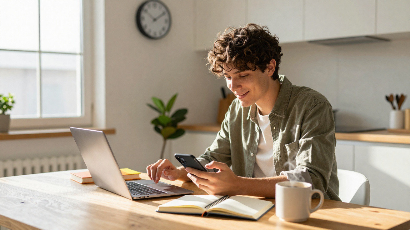 Jovem sorridente usando celular e laptop em mesa com caderno e caneca, em cozinha iluminada.