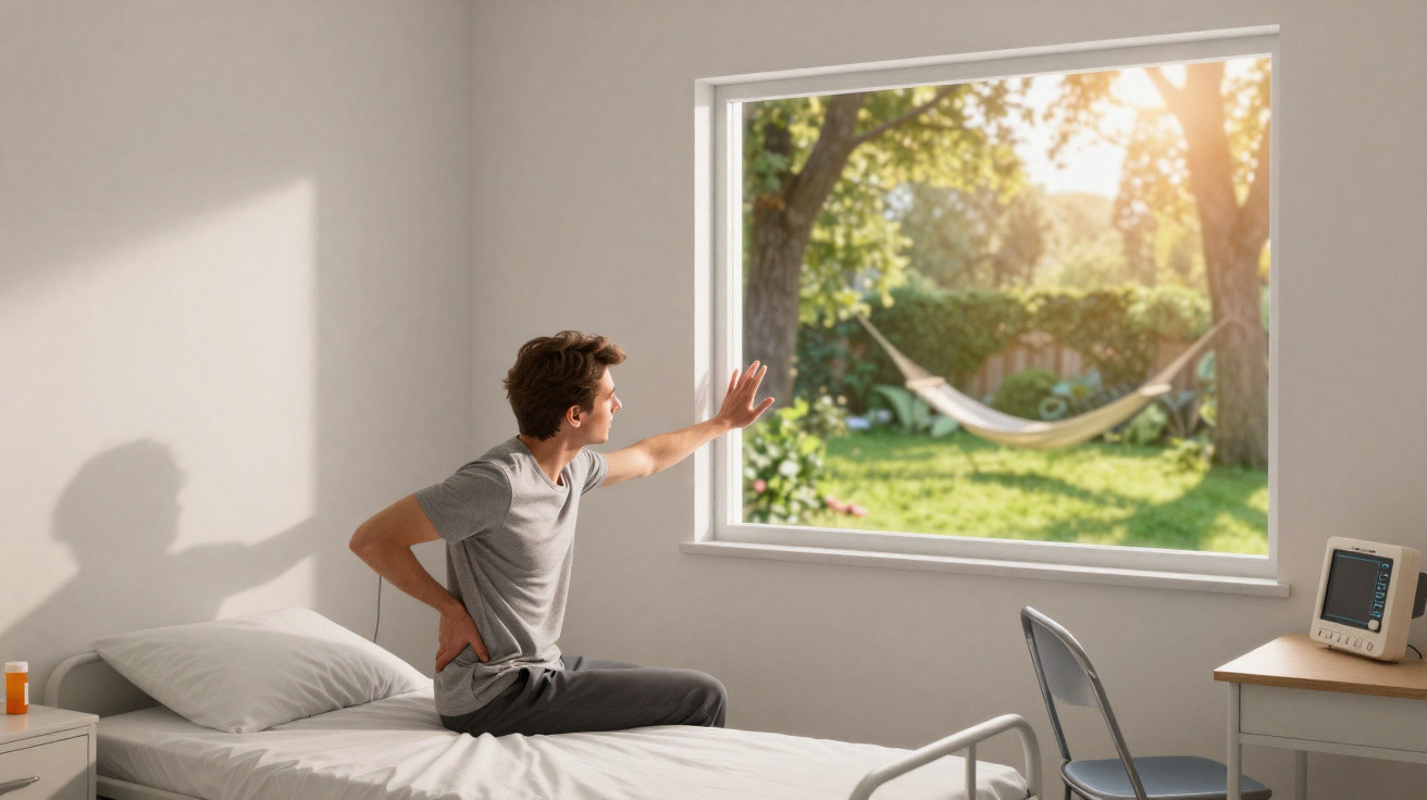 Jovem sentado em cama hospitalar olhando e estendendo a mão para janela com vista de jardim e rede.