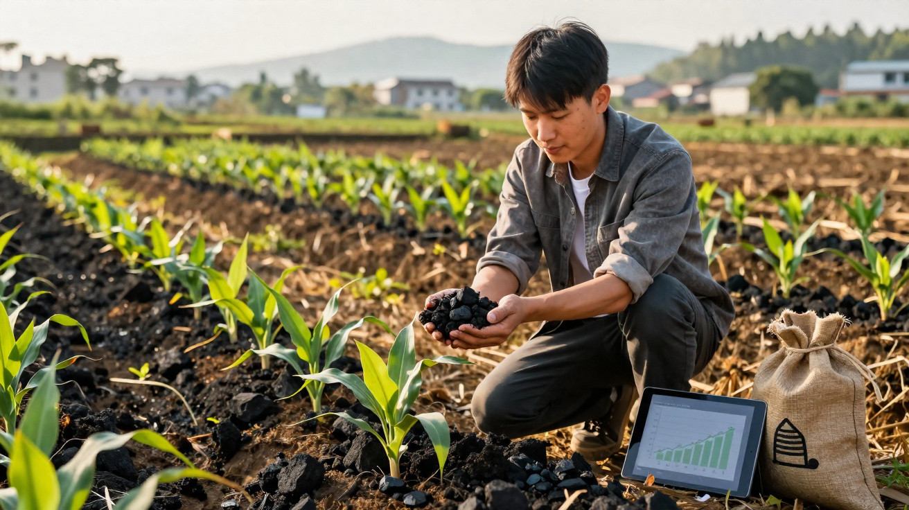 Homem agachado segurando terra fértil em plantação de milho, com tablet e saco ao lado.