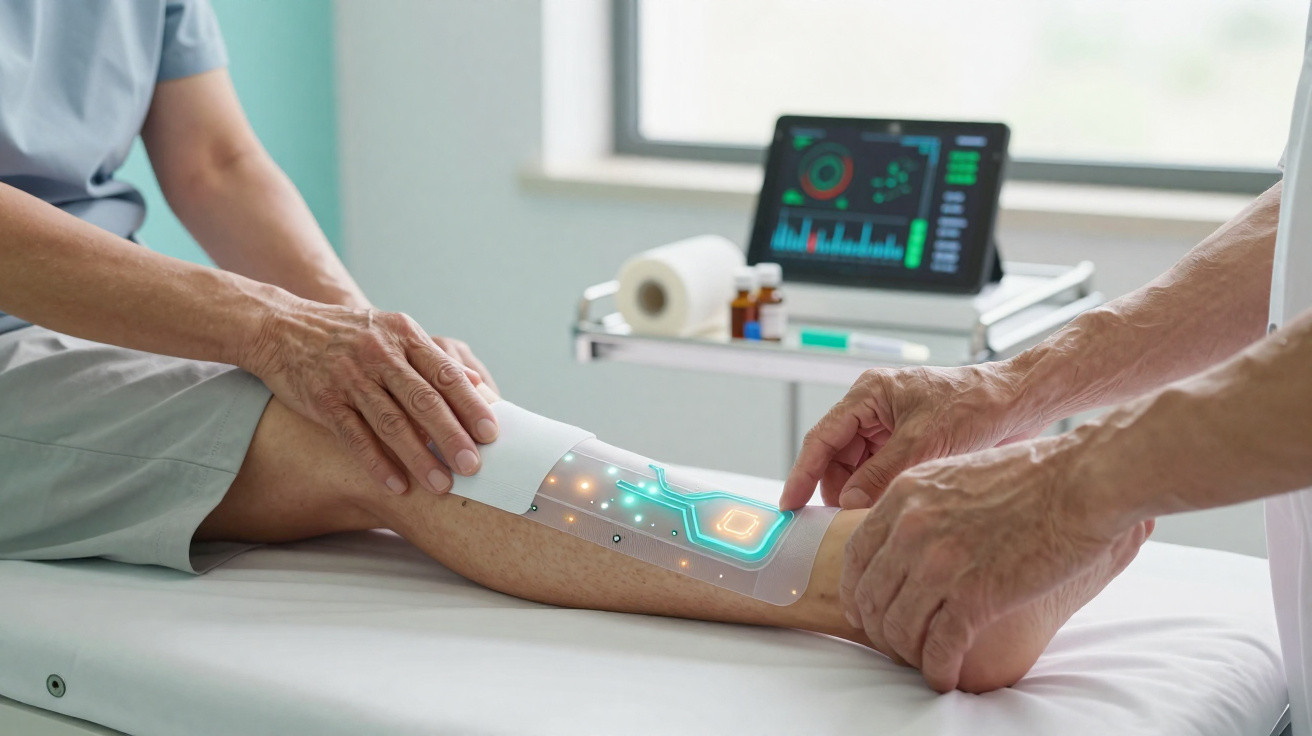 Profissional ajusta dispositivo tecnológico futurista com luzes azuis na perna de paciente idoso em clínica.