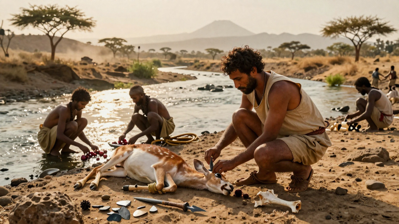 Homens pré-históricos trabalhando às margens de um rio com ferramentas de pedra ao redor de um animal abatido.