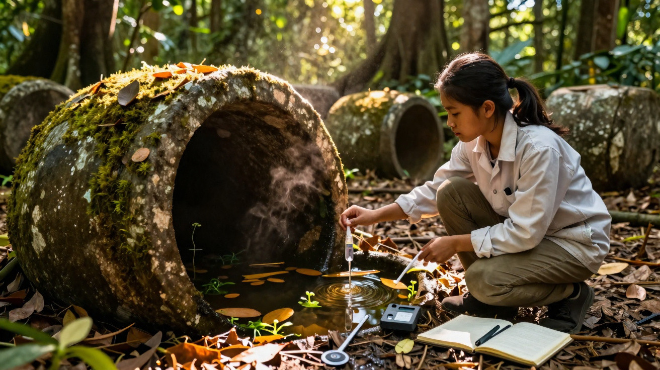 Menina realizando coleta de água em recipiente de pedra na floresta, usando equipamentos científicos e caderno.