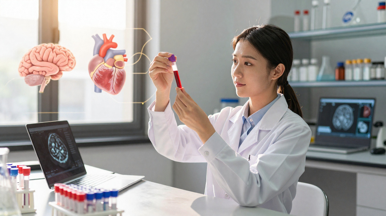 Cientista analisando amostra de sangue no laboratório com imagens de cérebro e coração ao fundo.