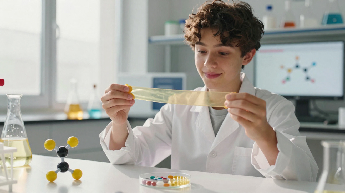 Adolescente em laboratório observando substância elástica com tubos de ensaio e modelo molecular na mesa.