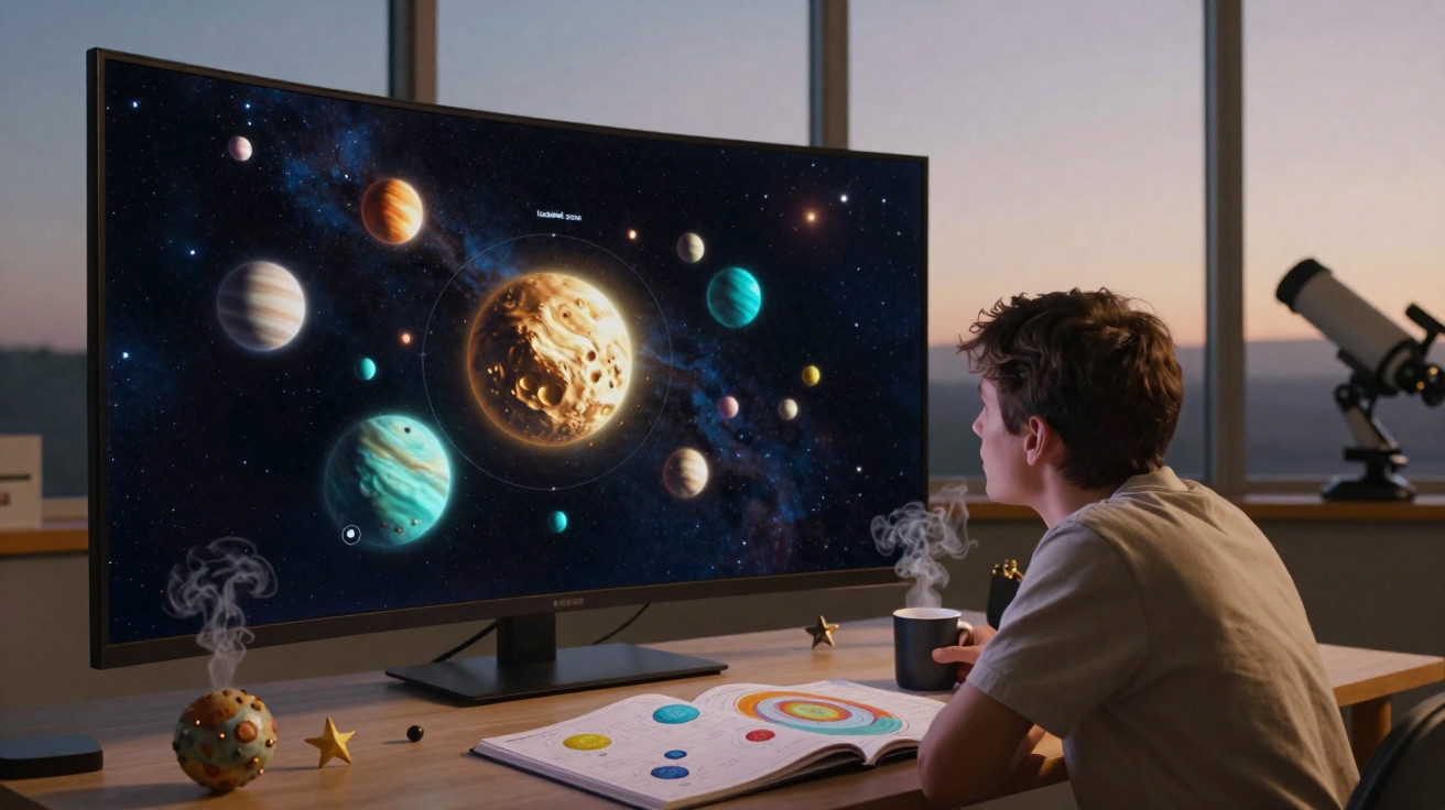 Criança observa sistema solar animado em monitor enquanto estuda sobre planetas no livro à sua frente.