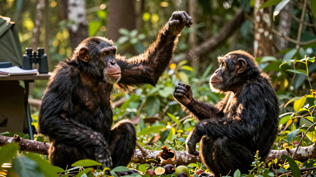 Dois chimpanzés sentados em ambiente de floresta, com braços levantados em interação.