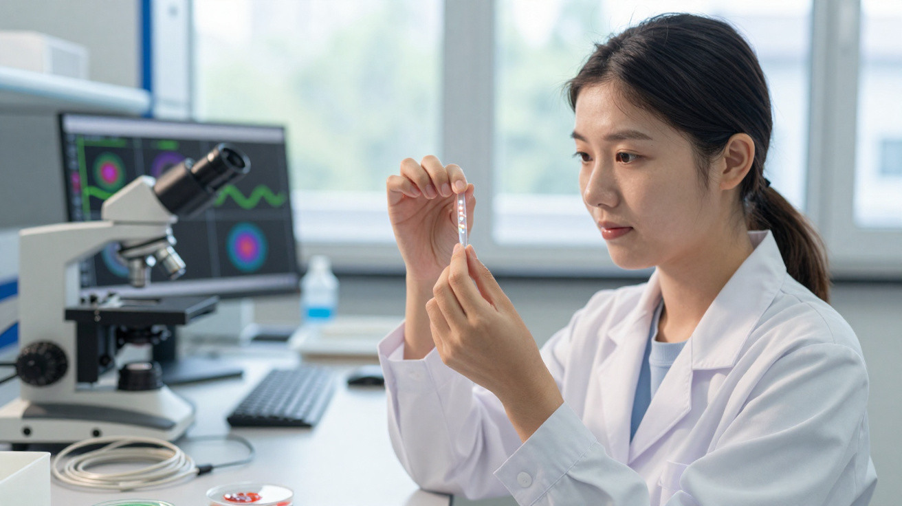 Cientista analisando amostra em tubo de ensaio em laboratório com microscópio e computador ao fundo.