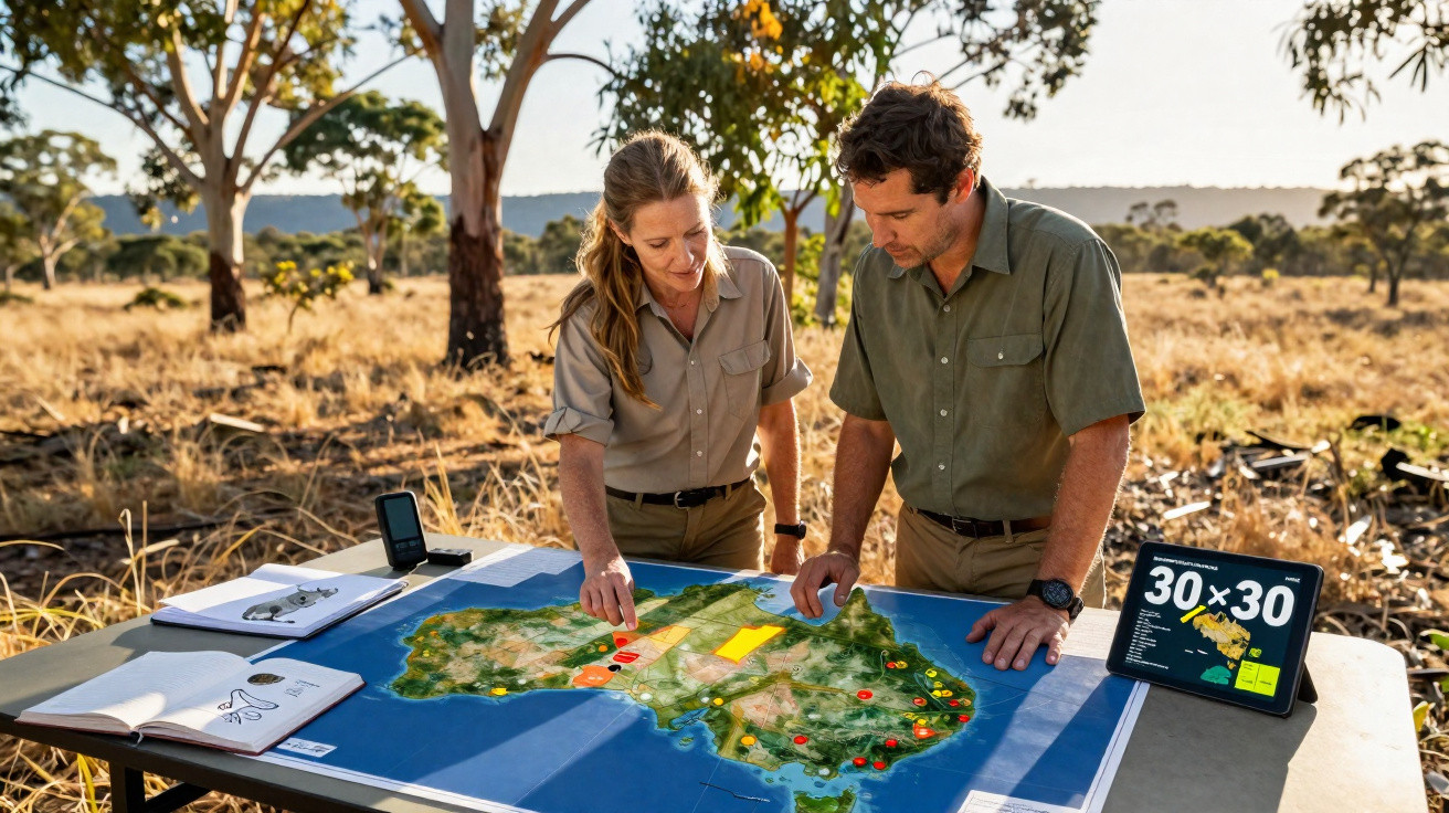 Dois pesquisadores analisando um mapa da Austrália ao ar livre em mesa com tablet ao lado mostrando campanha 30x30.