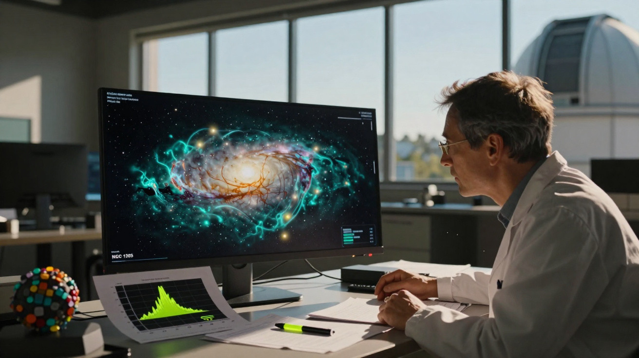Cientista analisando imagem digital de galáxia colorida em monitor de computador em escritório iluminado pela luz natural.