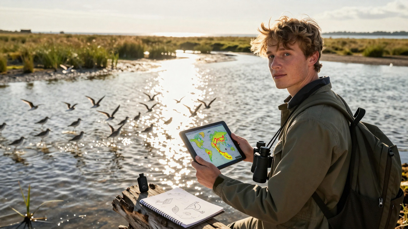 Jovem observando aves perto de lago, segurando tablet com mapa e caderno de anotações em ambiente natural.