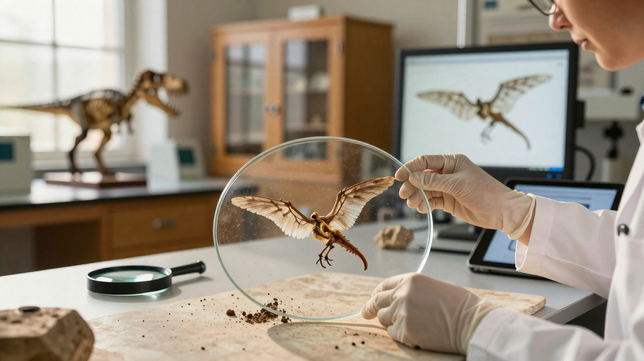 Cientista analisa fóssil de dinossauro com asas em laboratório com computador ao fundo.