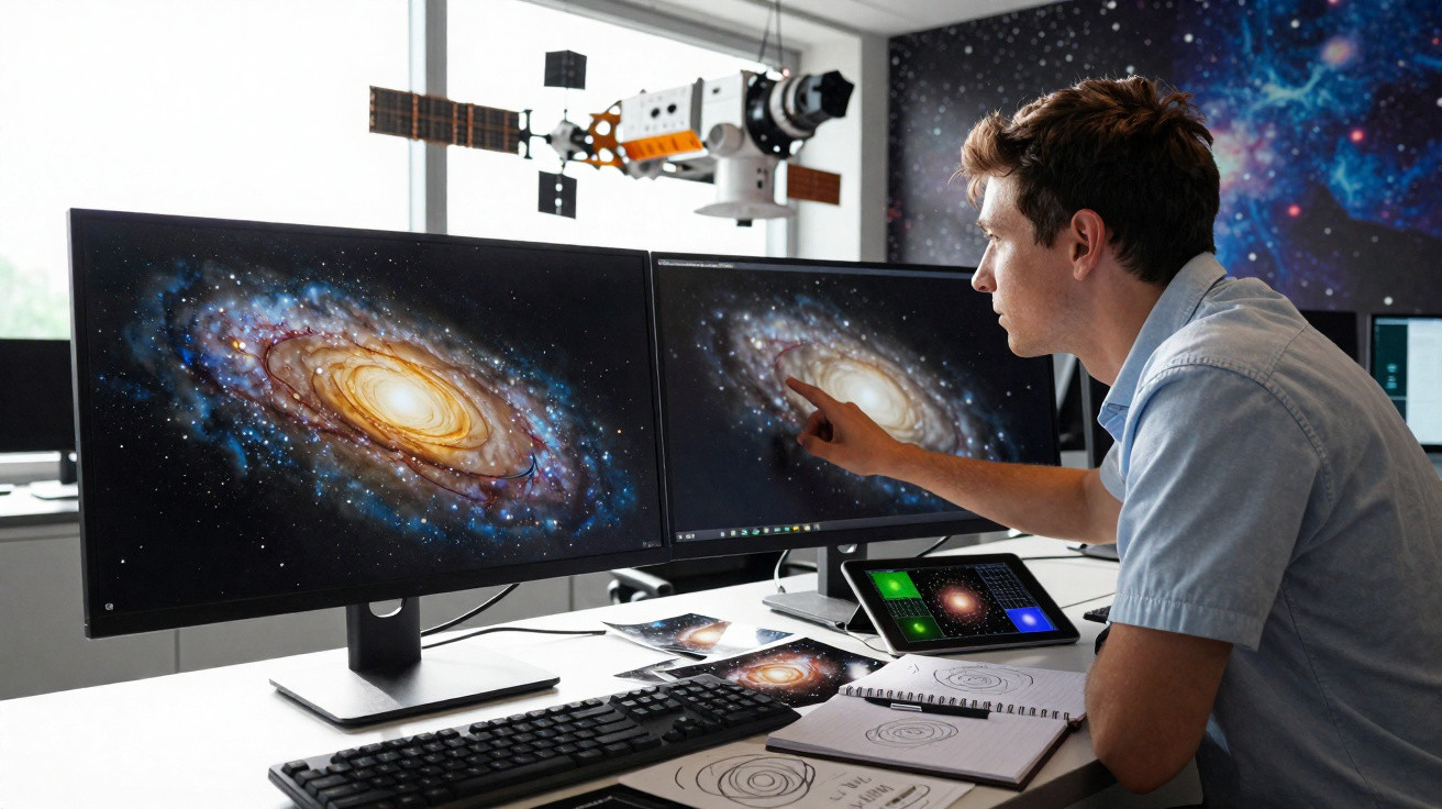 Homem jovem analisa imagens de galáxias nos dois monitores em ambiente de escritório com maquete de satélite ao fundo.