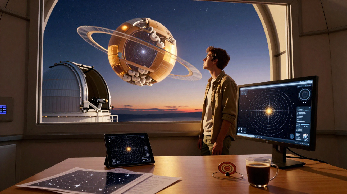 Pessoa observa modelo futurista de planeta em anéis a partir de sala com equipamentos astronômicos ao pôr do sol.