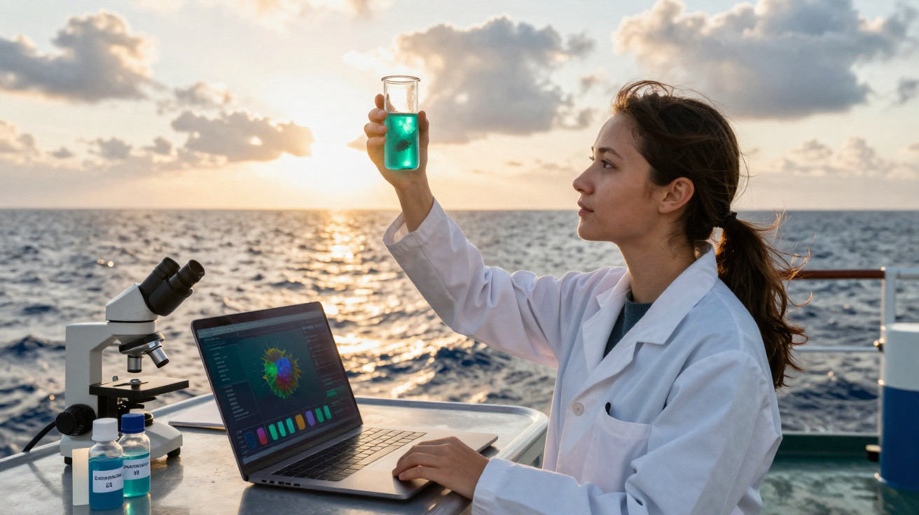 Mulher cientista em laboratório flutuante analisa líquido azul em frasco com laptop e microscópio ao pôr do sol no mar.