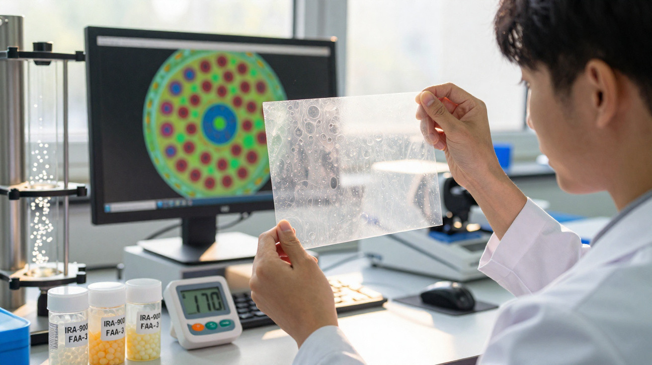 Pesquisador analisa plástico transparente com bolhas em laboratório tecnológico moderno.