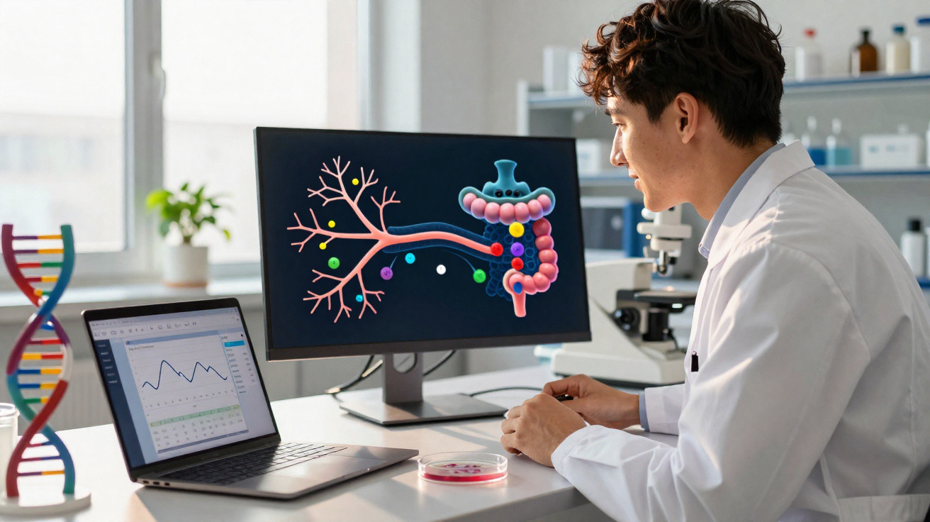 Homem em jaleco branco em laboratório observando imagem digital de sistema digestivo em monitor.