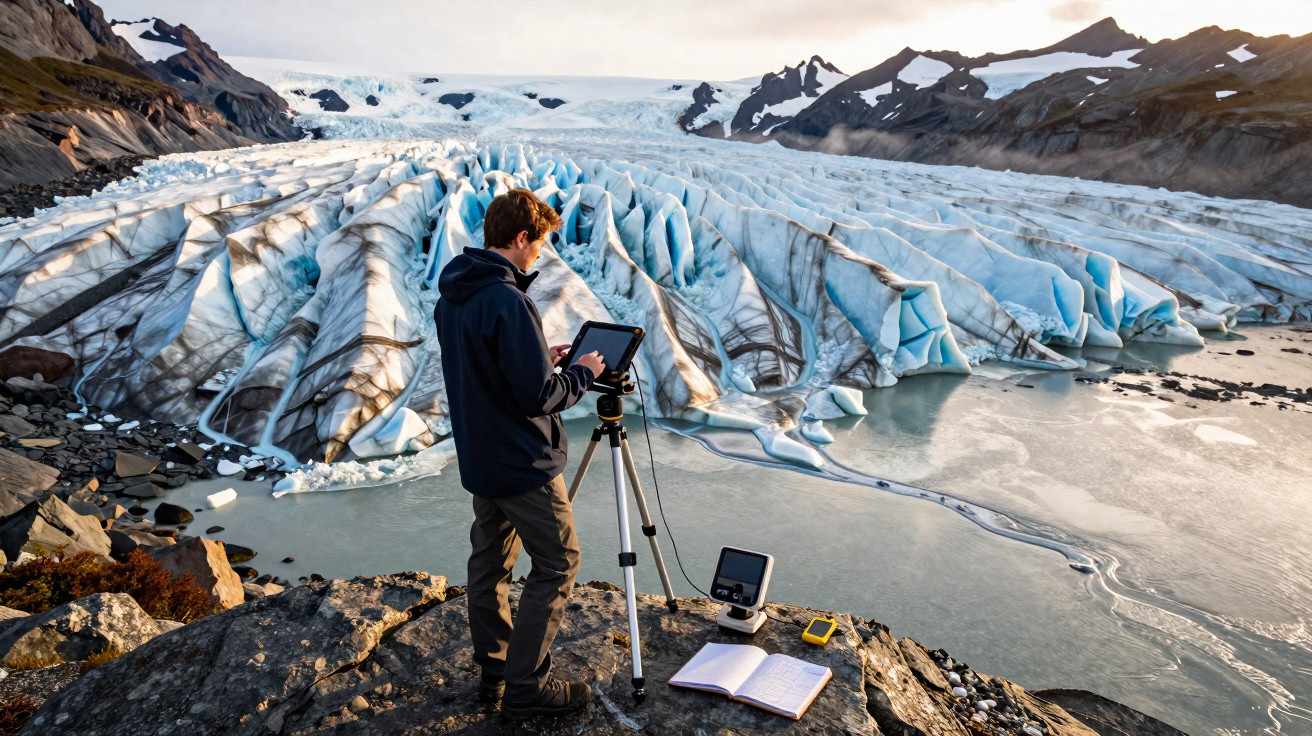 Pesquisador com tablet realiza estudo geológico em geleira próxima a lago congelado e montanhas rochosas.