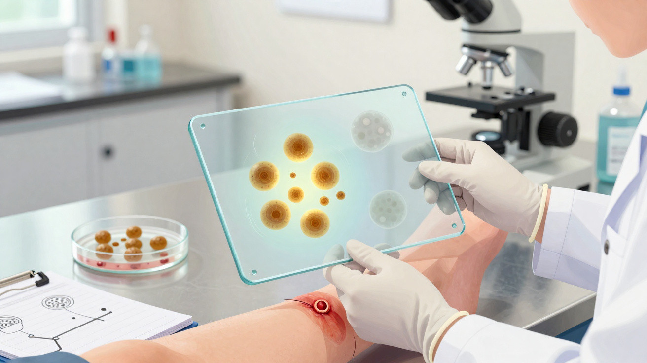 Médico examinando uma ferida infectada no braço com microrganismos ampliados em painel transparente em laboratório.