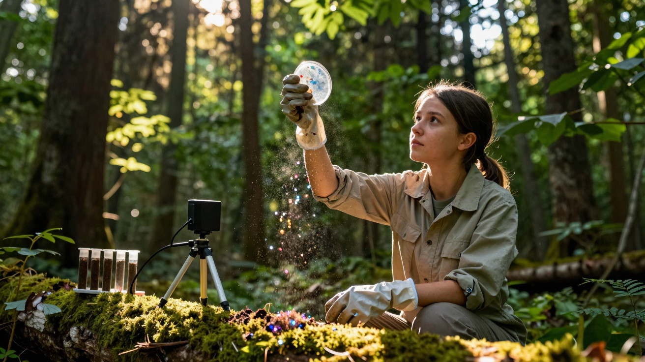 Jovem cientista coleta amostra de solo em floresta para pesquisa ambiental durante o dia.