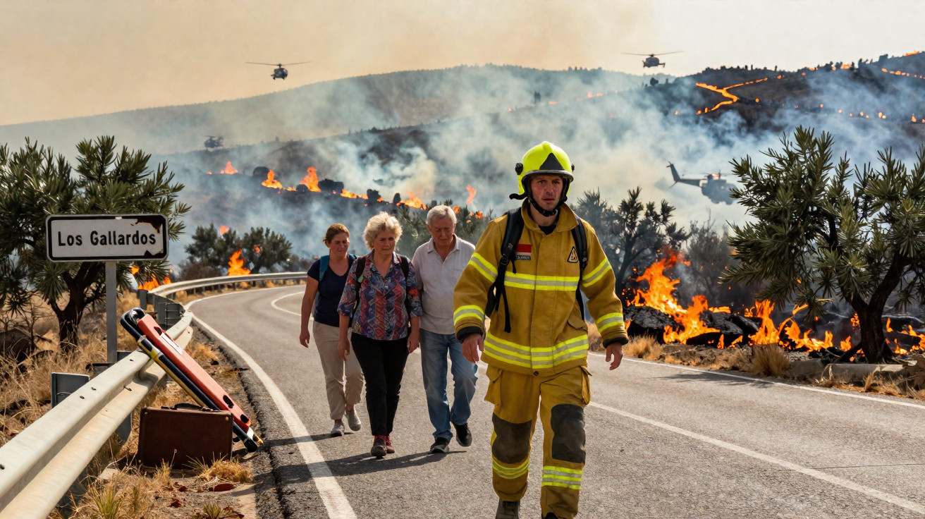 Bombeiro e três pessoas caminhando em estrada próxima a incêndio florestal com helicópteros no céu.