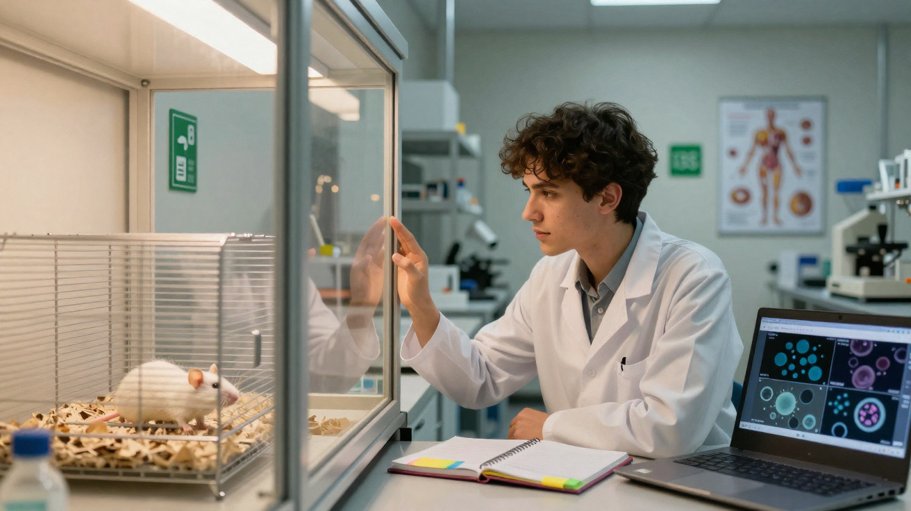 Jovem cientista observando um rato branco em gaiola dentro de laboratório moderno com notebook e caderno.