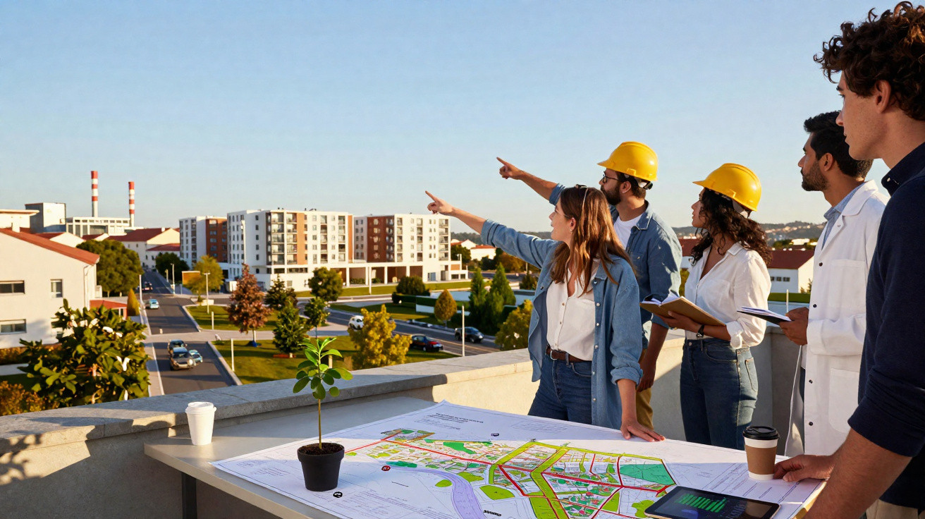 Equipe de arquitetos e engenheiros analisando maquete urbana ao ar livre com planta e planta baixa sobre mesa
