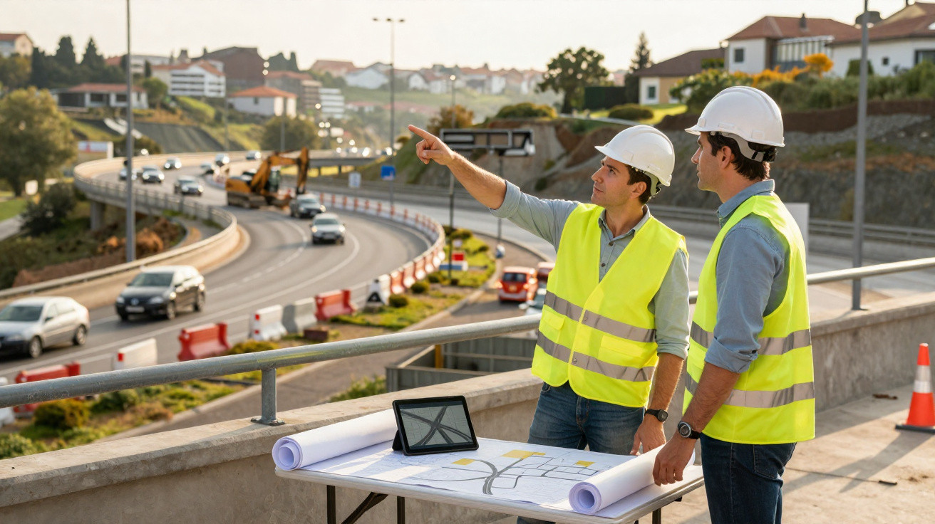 Dois engenheiros com coletes e capacetes observam obra na estrada com planta e tablet sobre mesa.