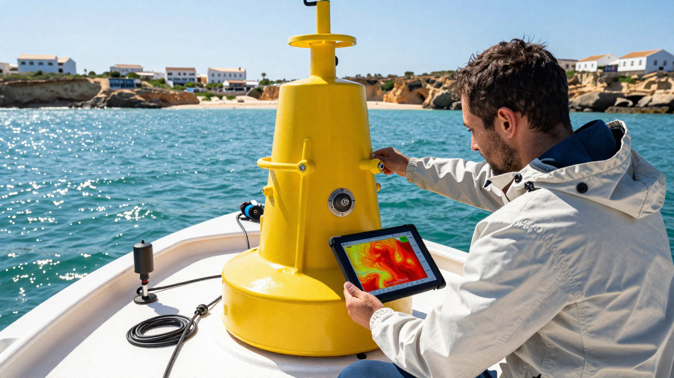 Homem em barco operando equipamento amarelo com tablet na mão próximo ao mar e casas ao fundo.
