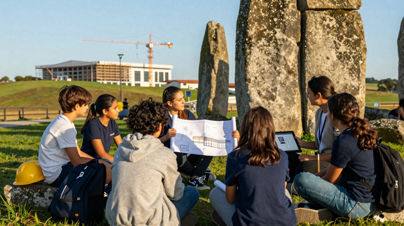 Grupo de jovens sentados na grama analisando planta arquitetônica junto a pedras grandes ao ar livre.