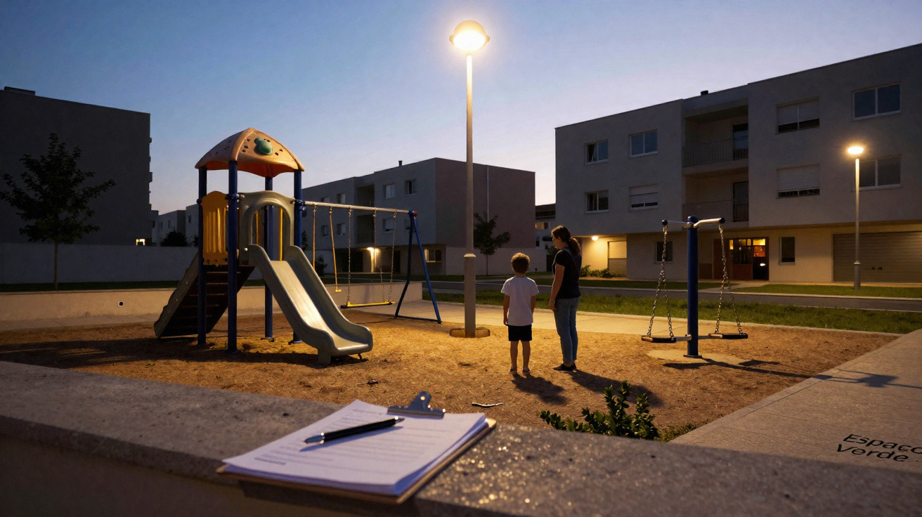 Parquinho iluminado à noite com escorregador, balanços e duas pessoas conversando em área residencial.
