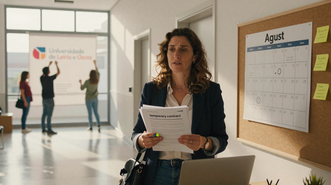 Mulher segurando contrato temporário em corredor de universidade com calendário de agosto ao fundo.