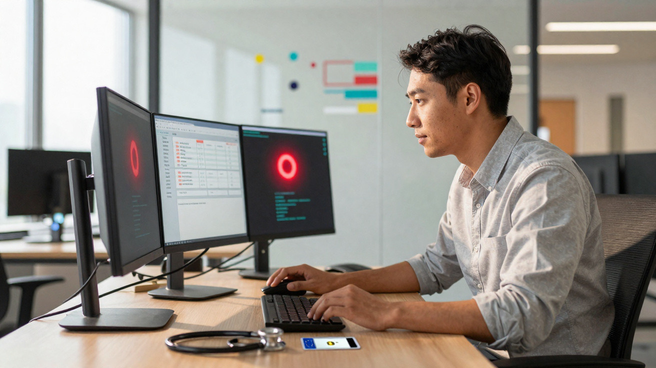 Homem jovem concentrado usando computador com dois monitores em escritório moderno.