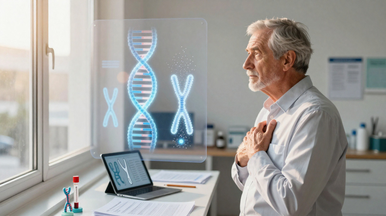 Homem idoso observa holograma de DNA e cromossomos em laboratório iluminado pela janela.