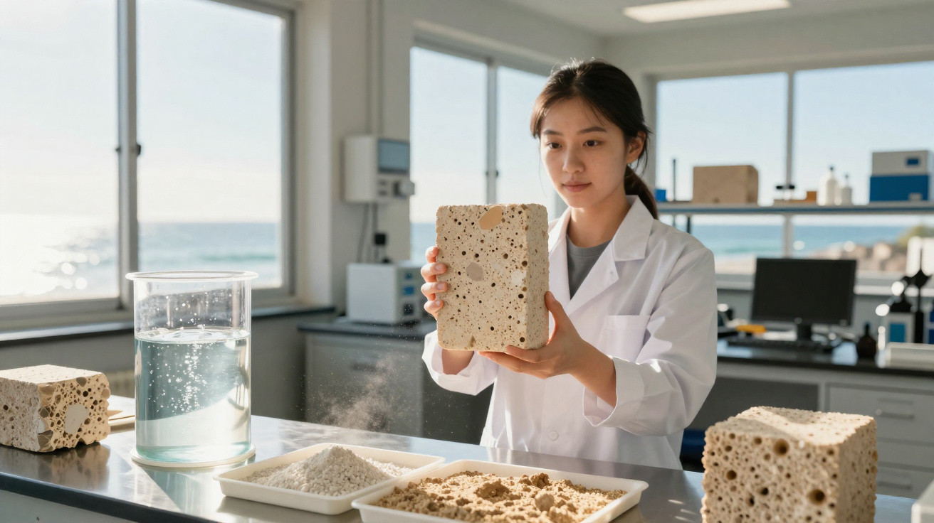 Mulher cientista em laboratório segurando bloco poroso, analisando materiais com janelas e vista para o mar ao fundo.