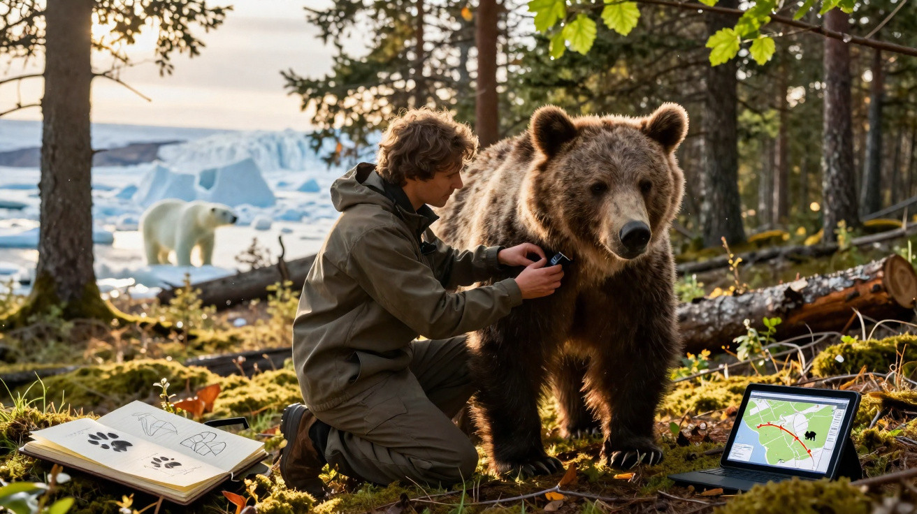 Jovem pesquisador instala tracker em urso pardo na floresta com ursos polares e gelo ao fundo.