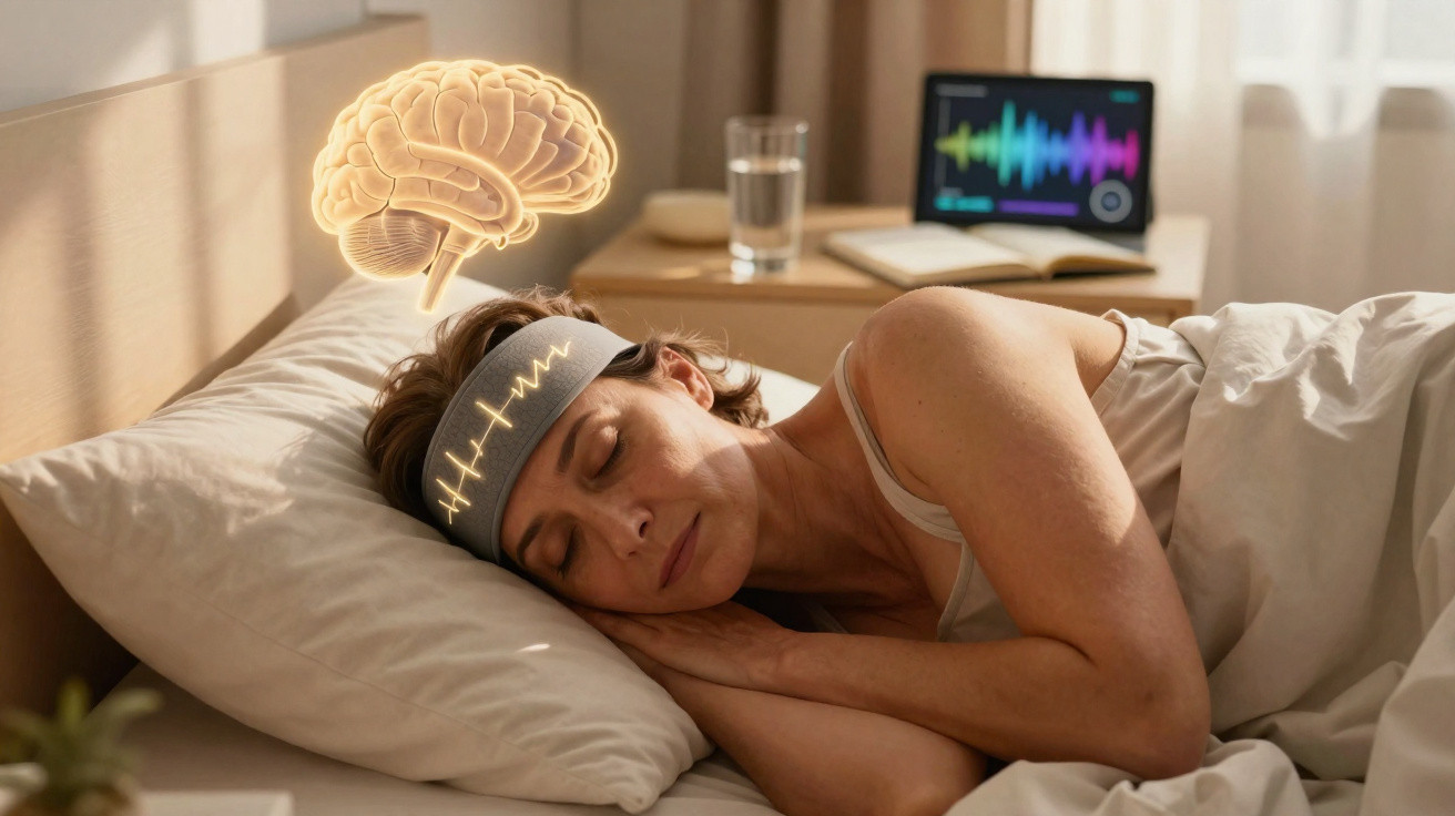 Mulher dormindo com faixa na cabeça que monitora ondas cerebrais, ilustração de cérebro e tablet ao fundo.
