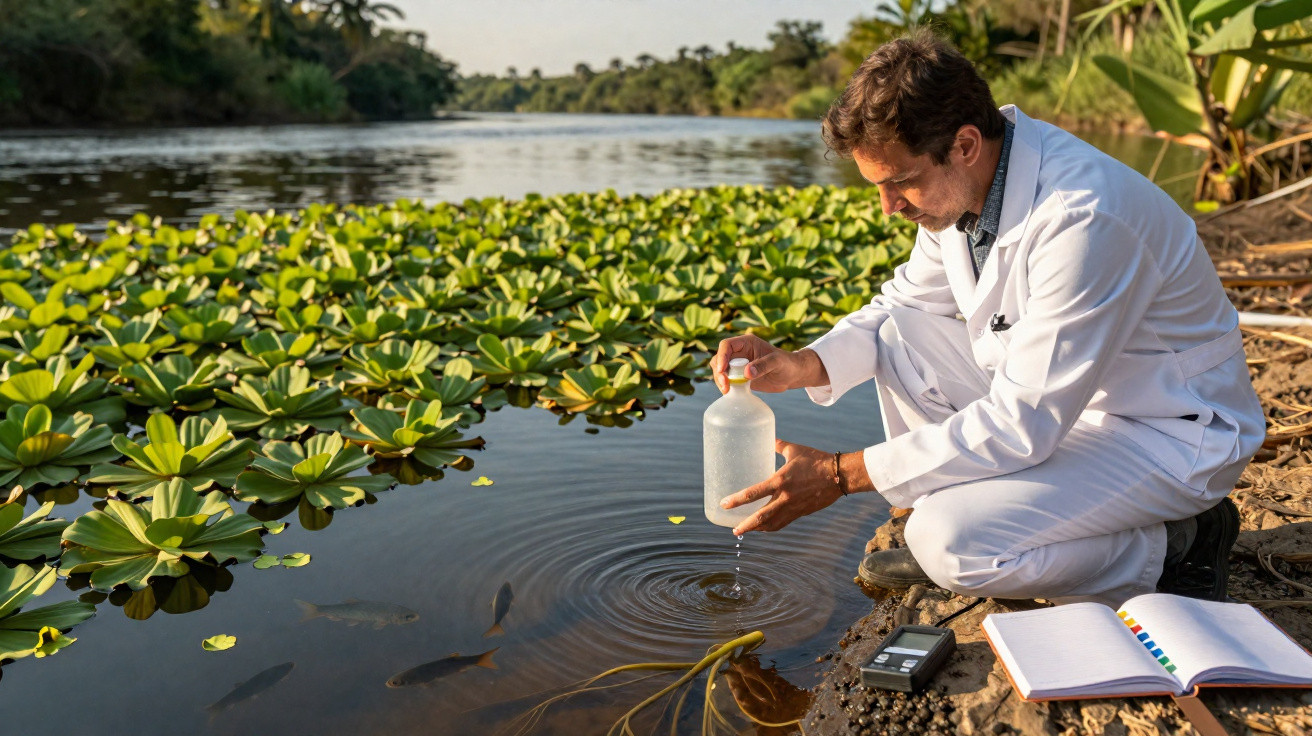 Homem em jaleco branco coleta amostra de água de rio cercado por plantas aquáticas e caderno aberto na margem.