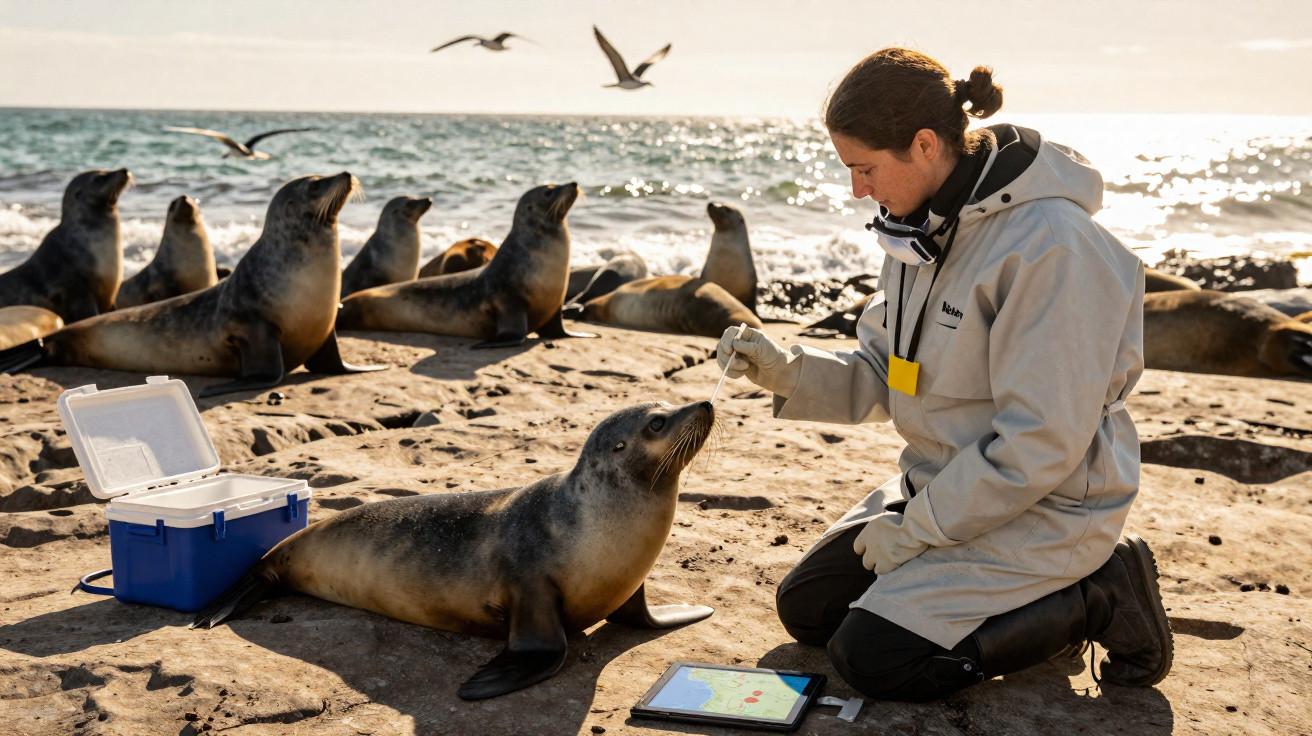 Pesquisadora realiza coleta de amostra em foca marinha na praia com outras focas e mar ao fundo.