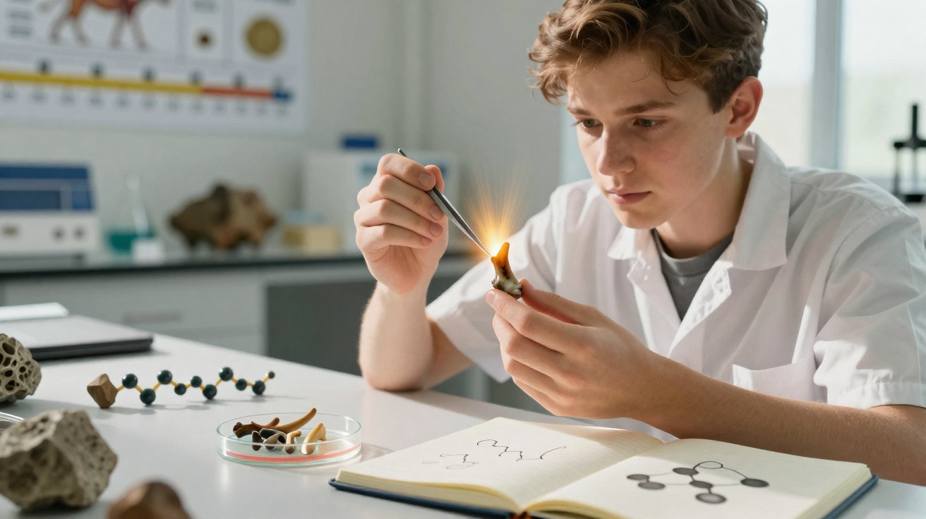 Jovem cientista em laboratório acende chama para analisar fóssil, com livro aberto e modelos moleculares na mesa.